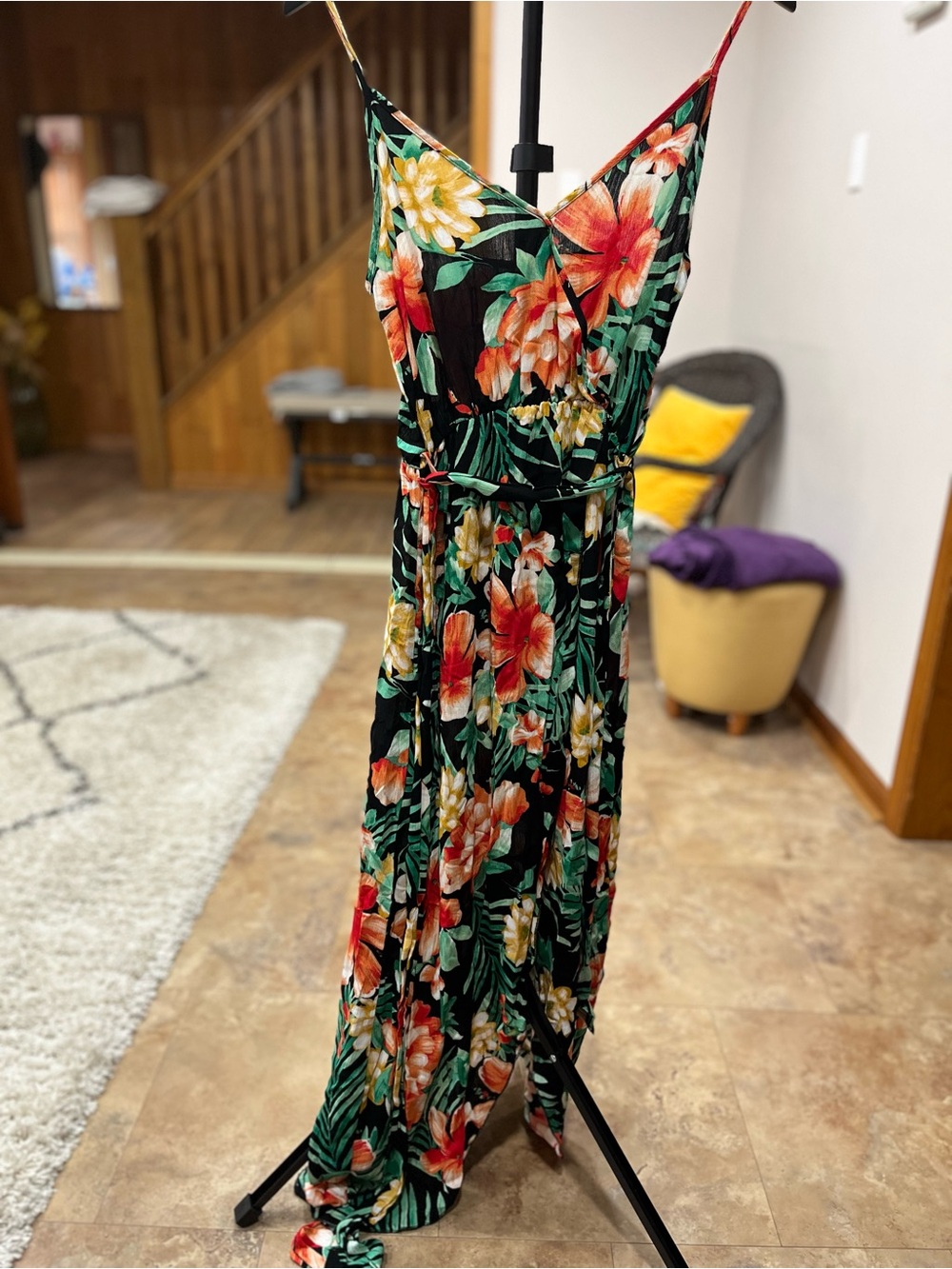 Chocolate Black Floral V-Neck Maxi Dress with Tropical Print